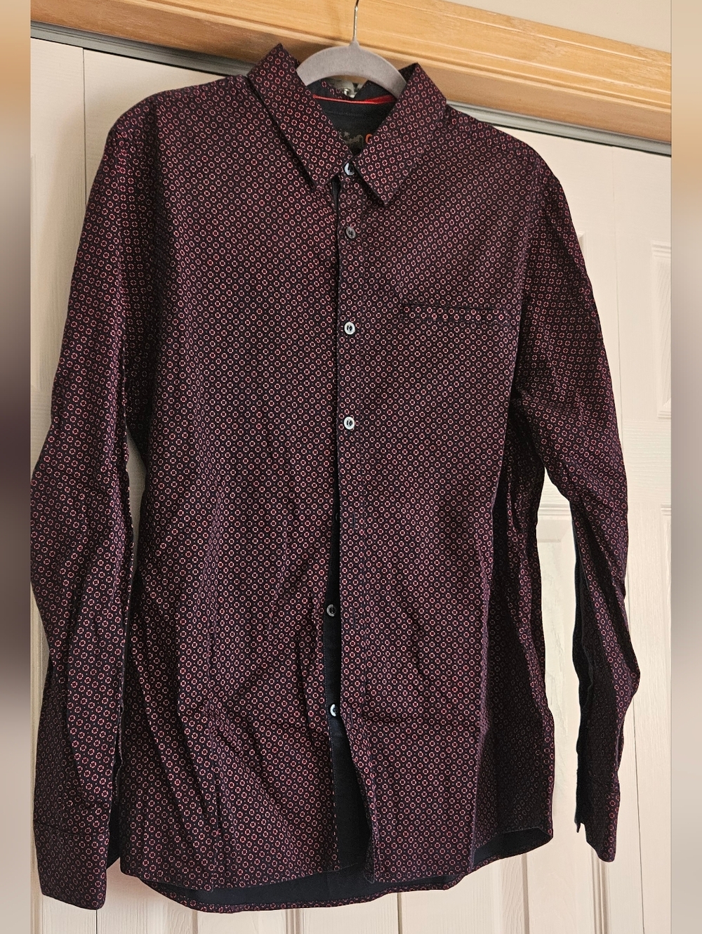 Men's Burgundy Patterned Long-Sleeve Button-Up Shirt